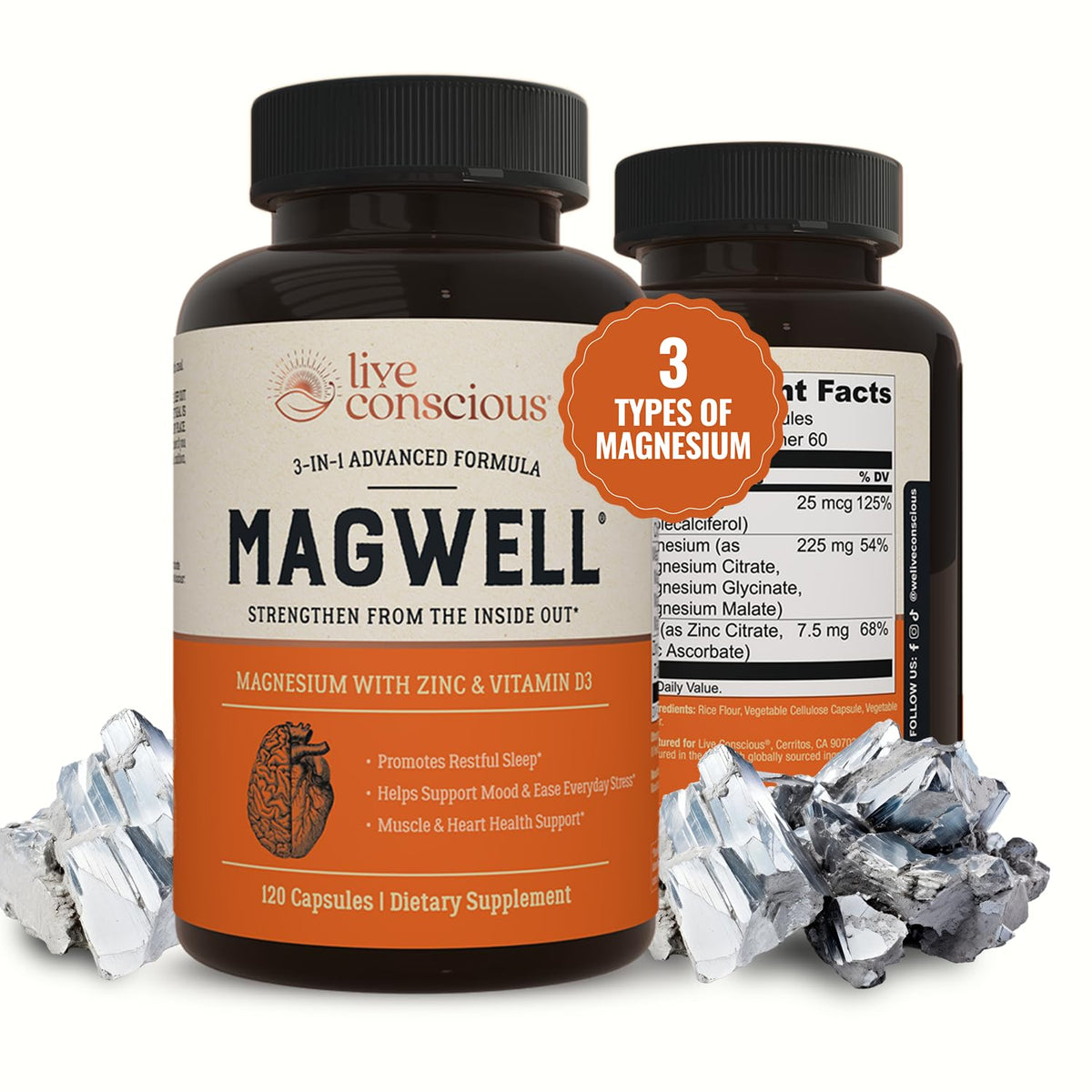 Live Conscious envase frontal mostrando suplementos para apoyo mineral