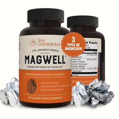Live Conscious envase frontal mostrando suplementos para apoyo mineral