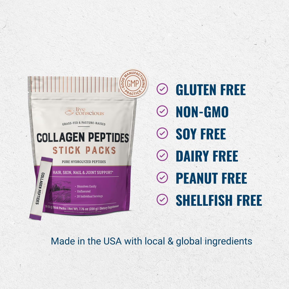 Live Conscious etiqueta con certificación grass-fed, calidad premium