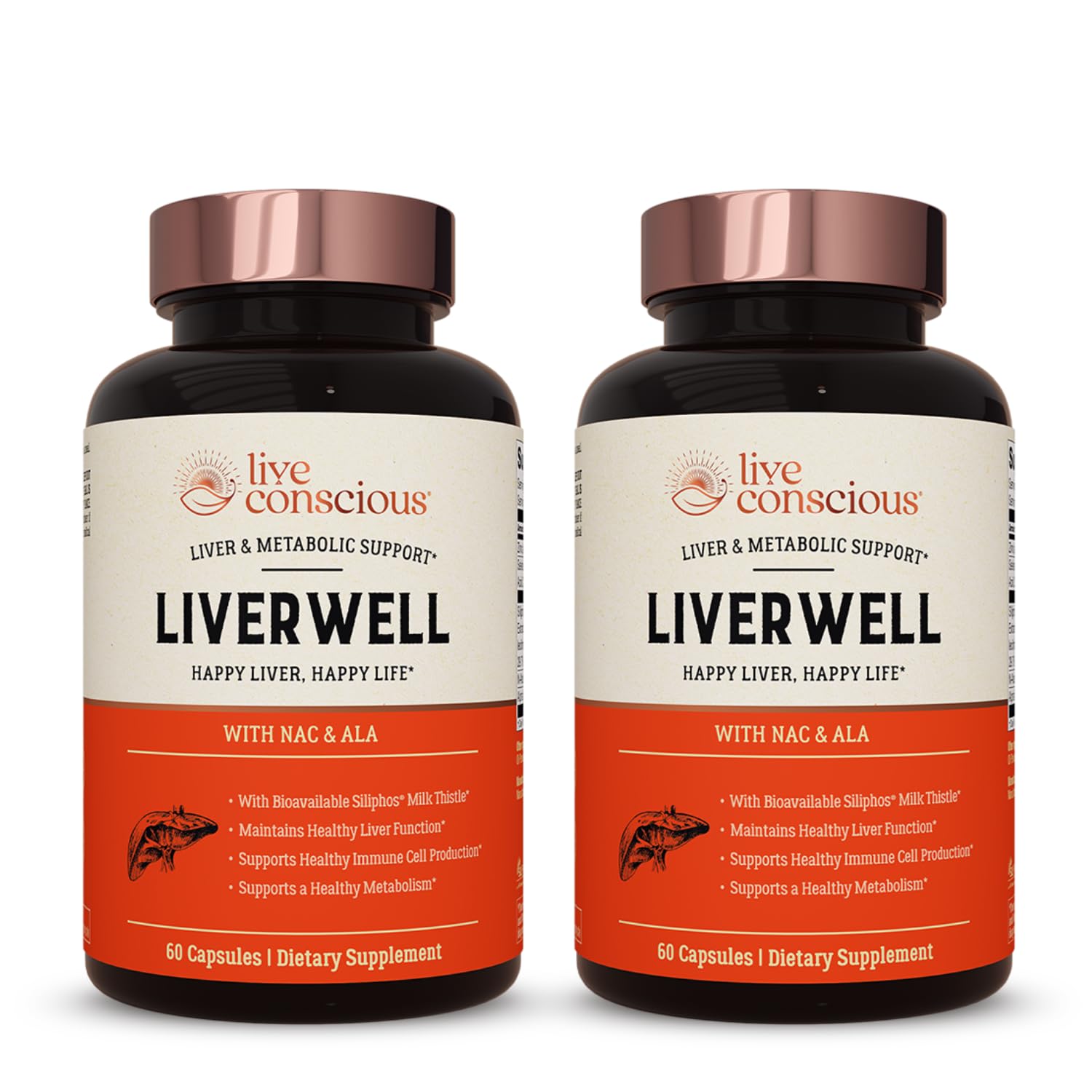 Live Conscious LiverWell vista frontal del envase, claridad de ingredientes