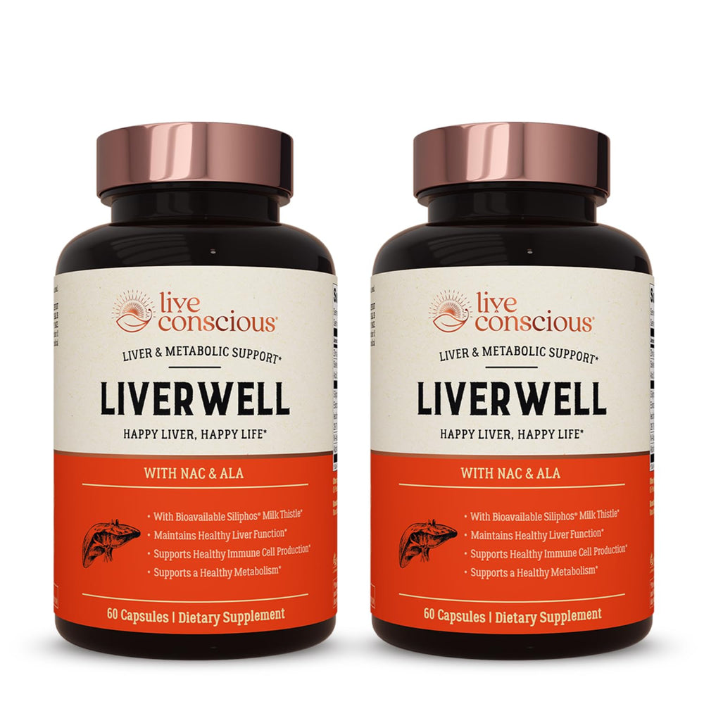 Live Conscious LiverWell vista frontal del envase, claridad de ingredientes
