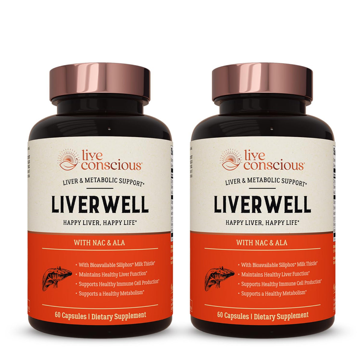 Live Conscious LiverWell vista frontal del envase, claridad de ingredientes