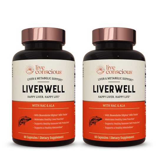 Live Conscious LiverWell vista frontal del envase, claridad de ingredientes