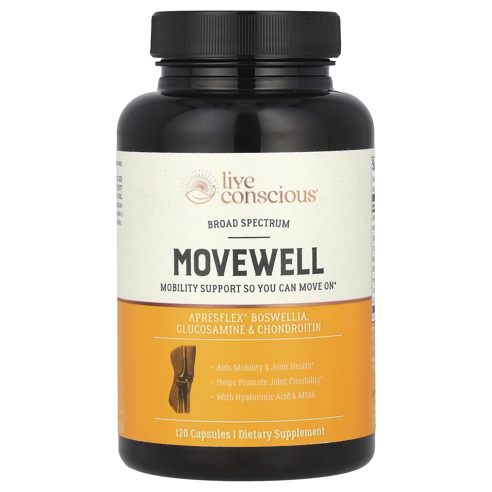 Live Conscious MoveWell frontal del envase mostrando la etiqueta y beneficios