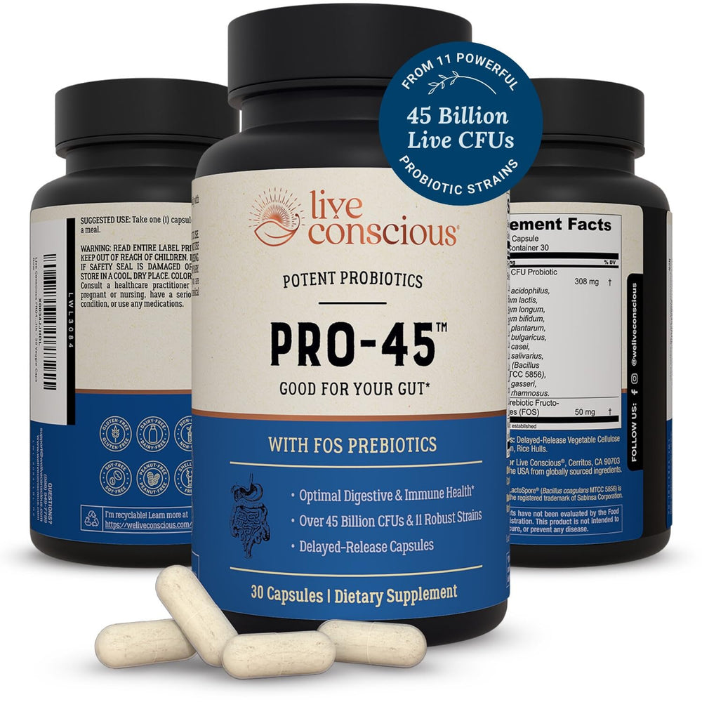Live Conscious envase frontal mostrando 45 mil millones UFC y beneficios