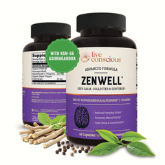 Live Conscious envase frontal mostrando ZenWell para calma y enfoque
