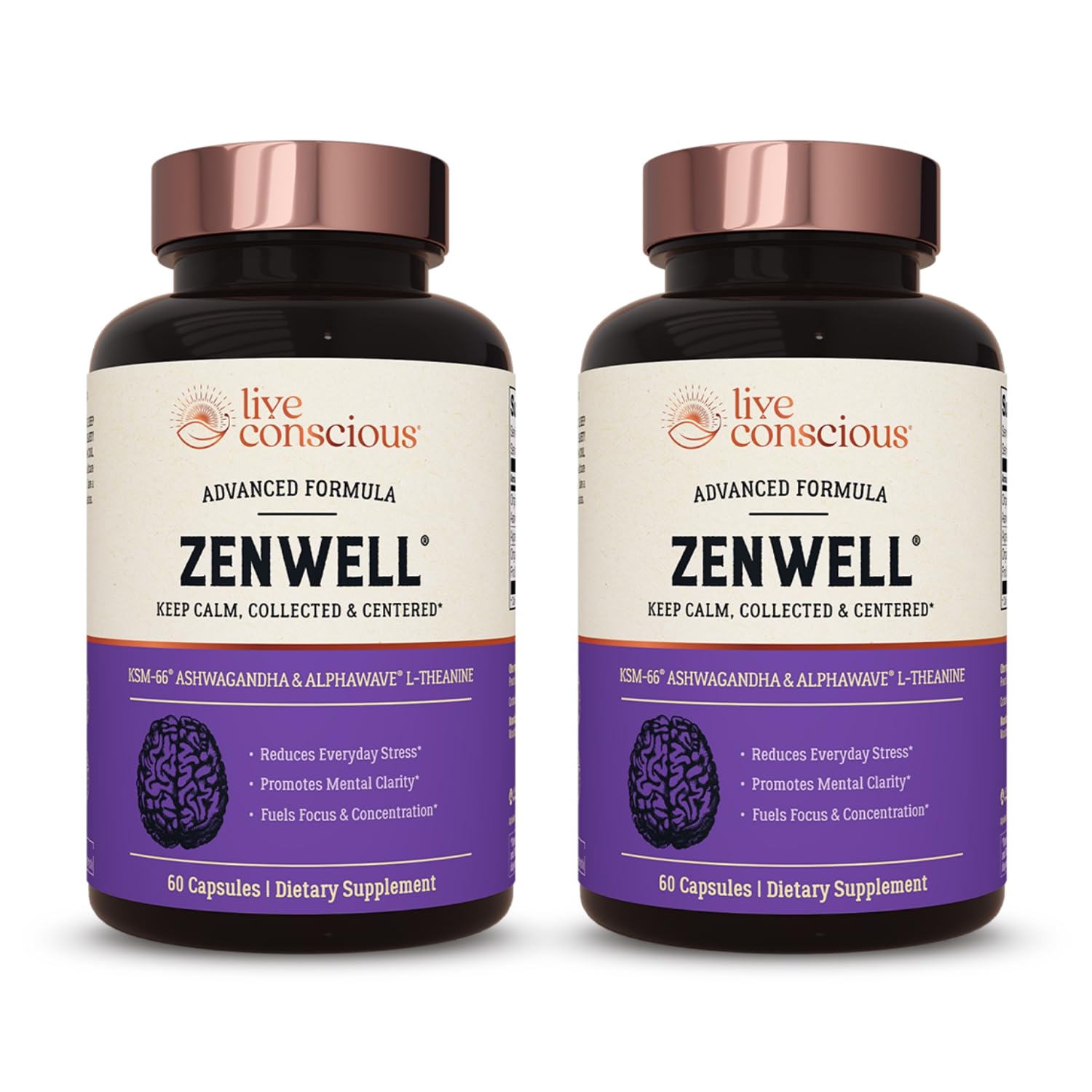 Live Conscious ZenWell frontal del envase mostrando fórmula y beneficio antiestrés