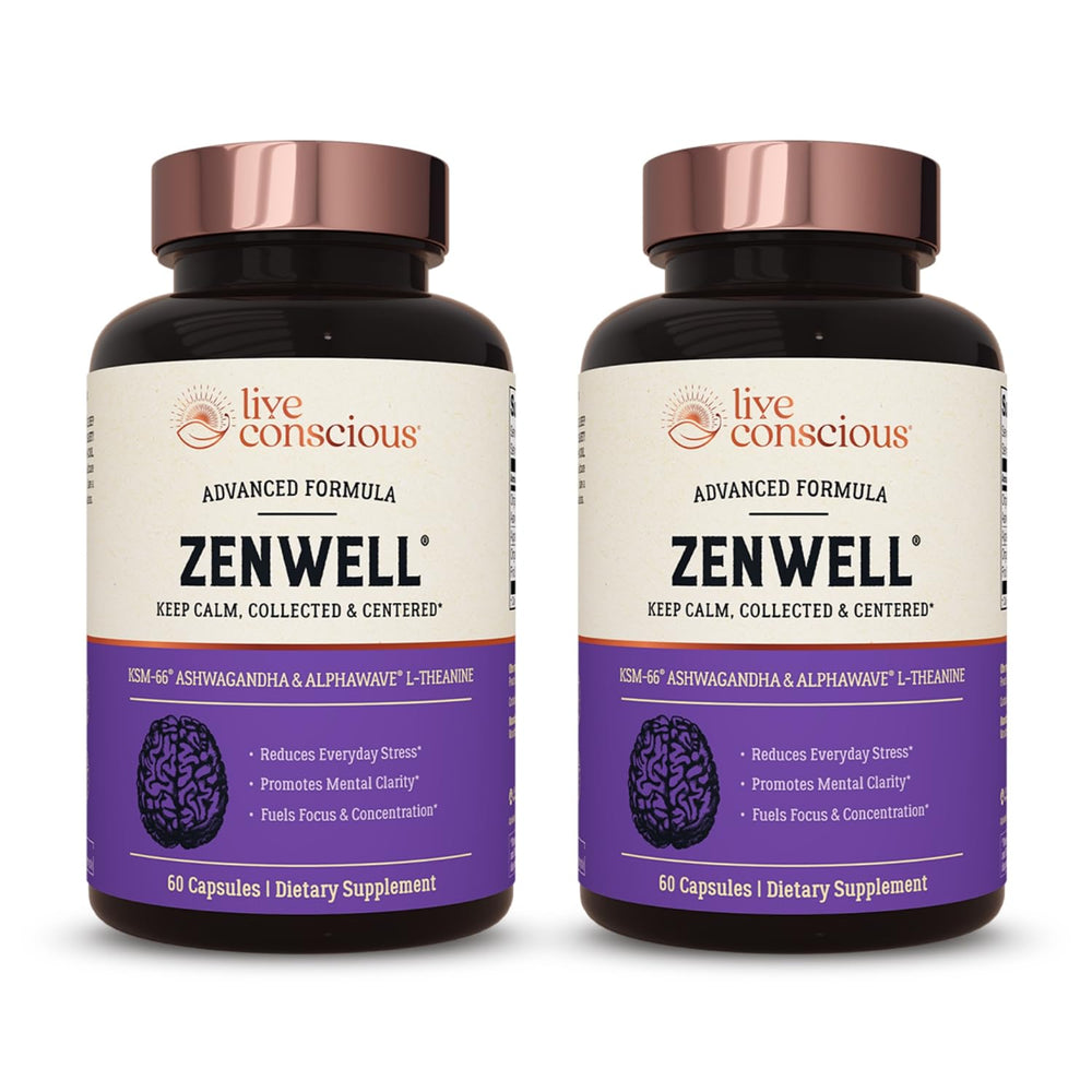 Live Conscious ZenWell frontal del envase mostrando fórmula y beneficio antiestrés