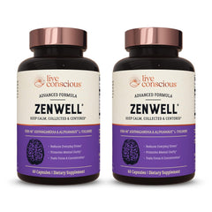 Live Conscious ZenWell frontal del envase mostrando fórmula y beneficio antiestrés