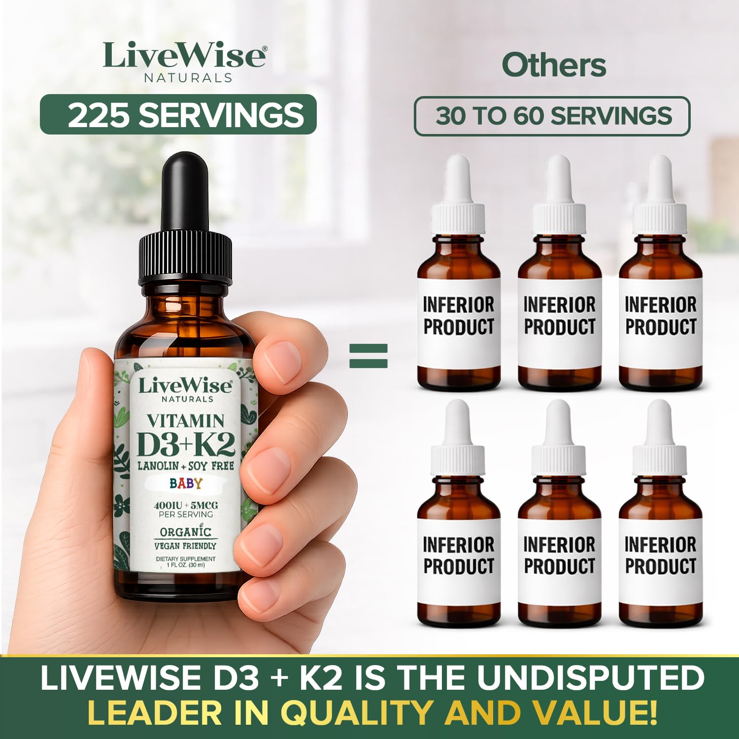 Live Wise Naturals cuentagotas señalando la dosificación precisa de 4 gotas
