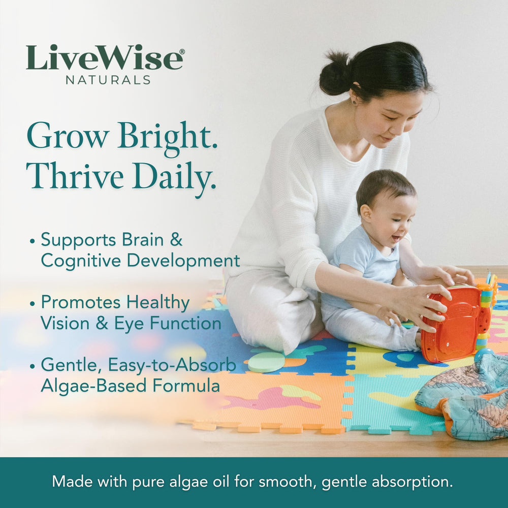 Live Wise Naturals frasco en entorno infantil transmitiendo tranquilidad