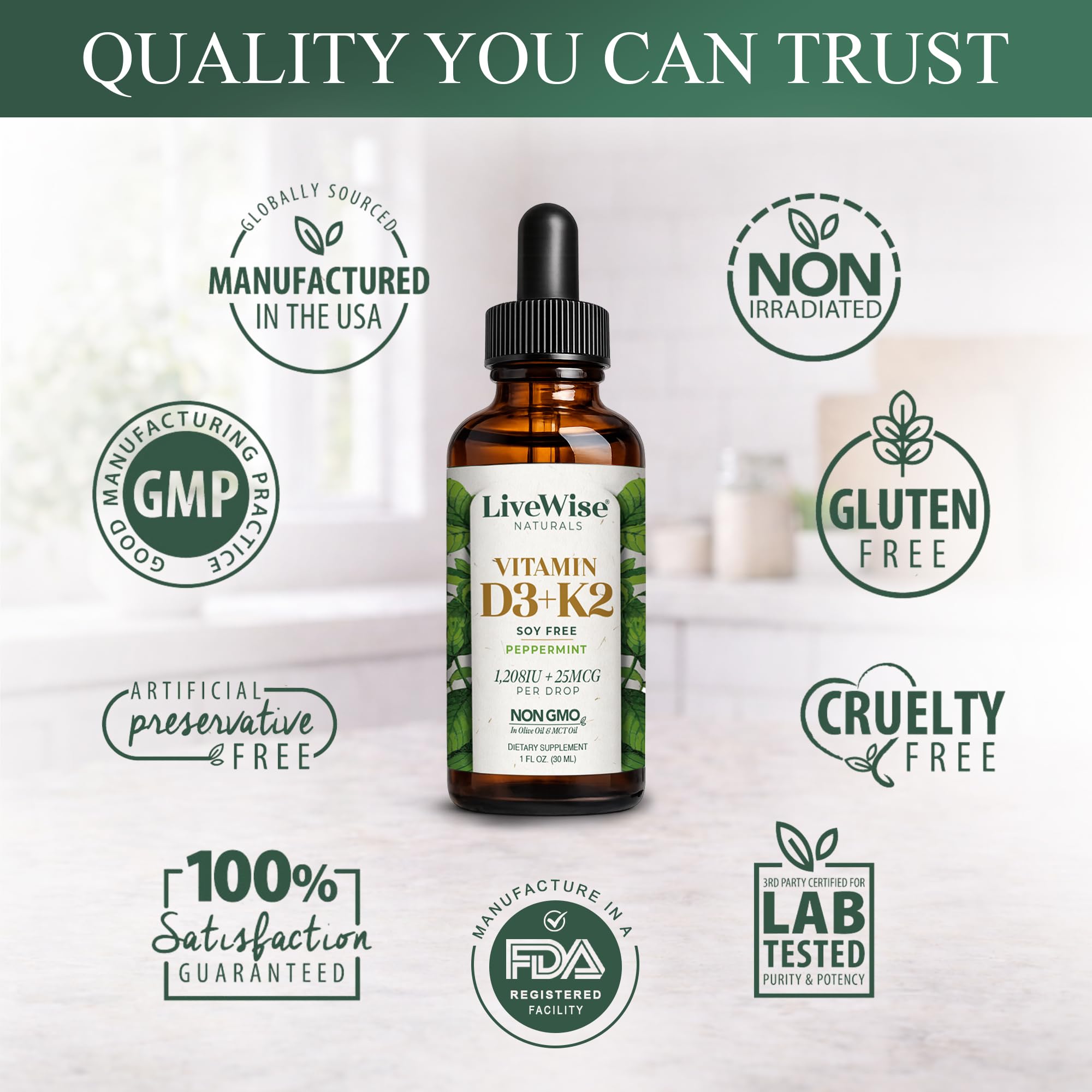 Live Wise Naturals en encimera de cocina con ambiente saludable, integración diaria fácil