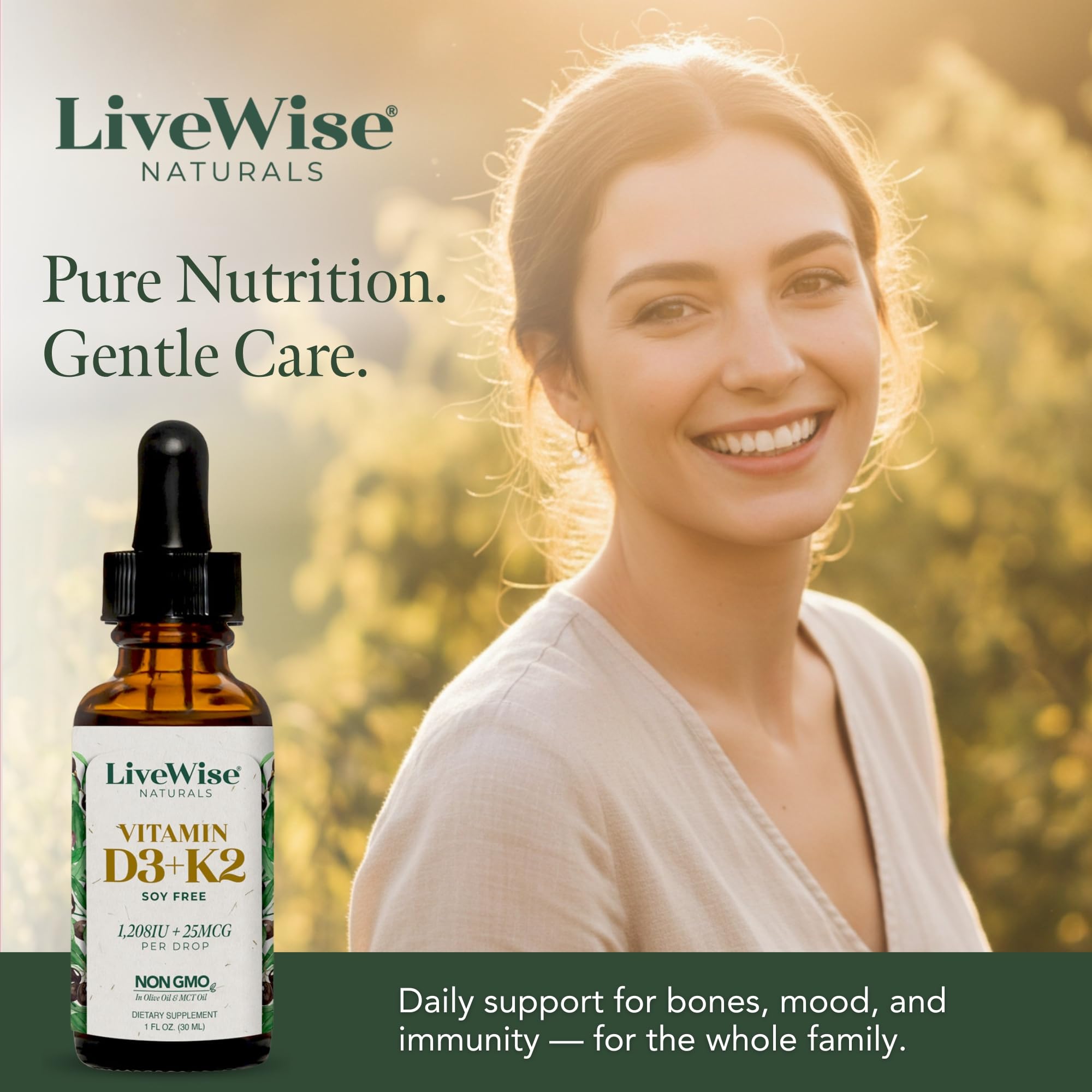 Live Wise Naturals frasco abierto con gotero mostrando control de dosis