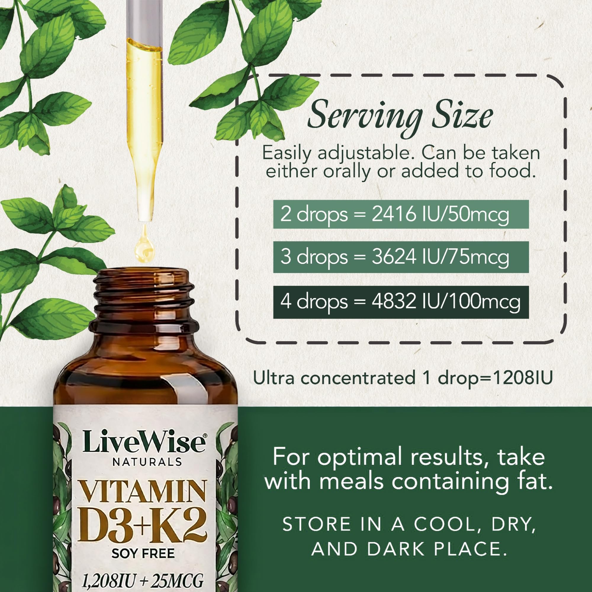Live Wise Naturals detalle de etiqueta y gotero que indica instrucciones
