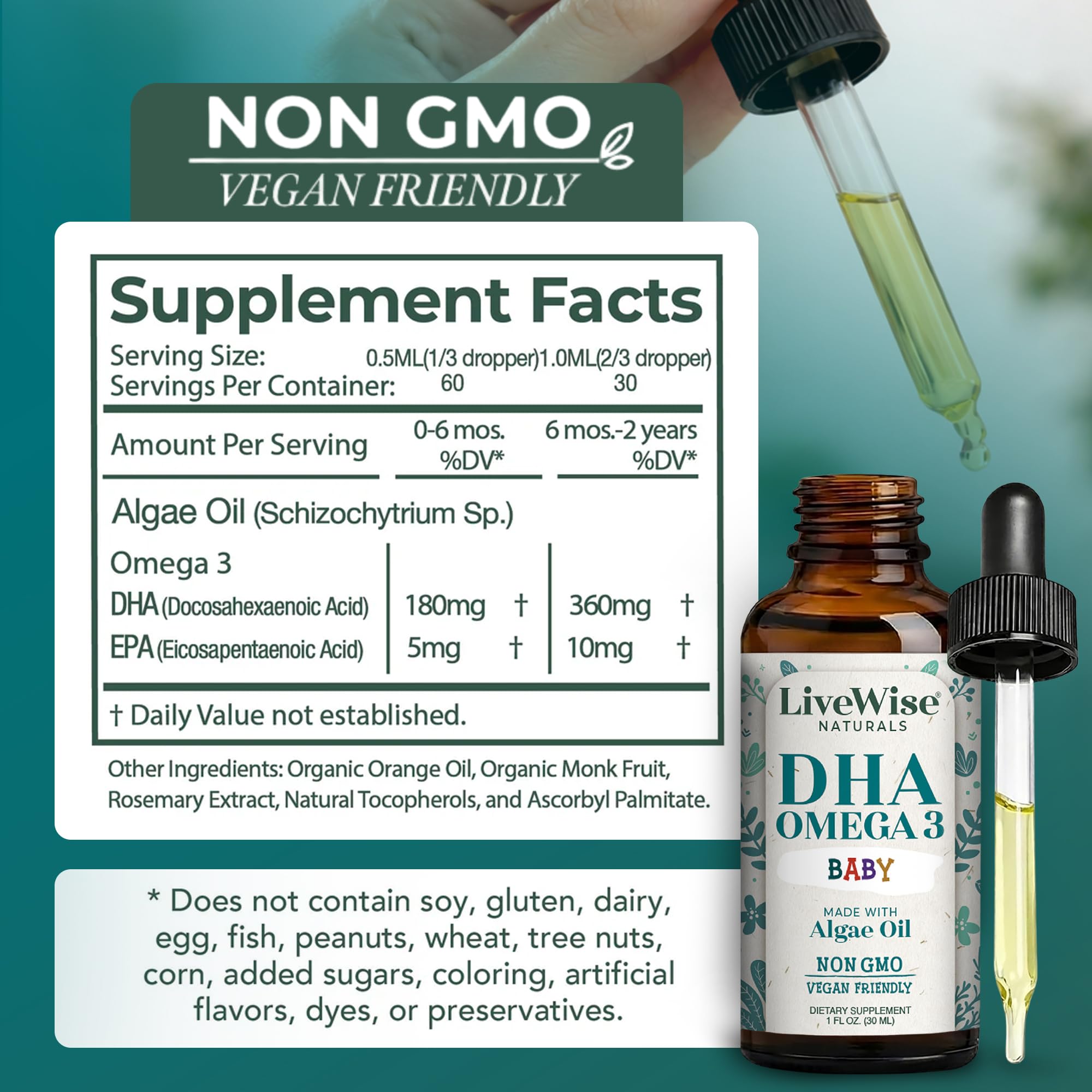 Live Wise Naturals gotero dosificando gotas precisas para fácil administración