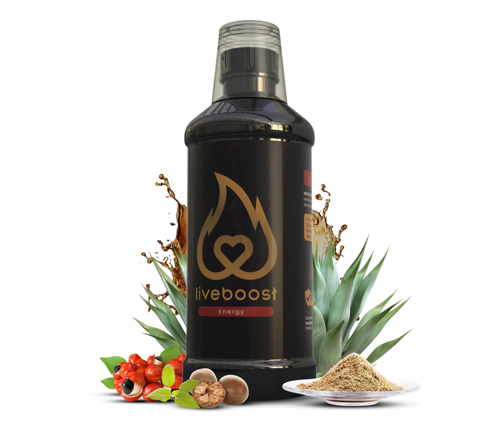 LIVEBOOST botella frontal que muestra diseño y volumen para fácil identificación