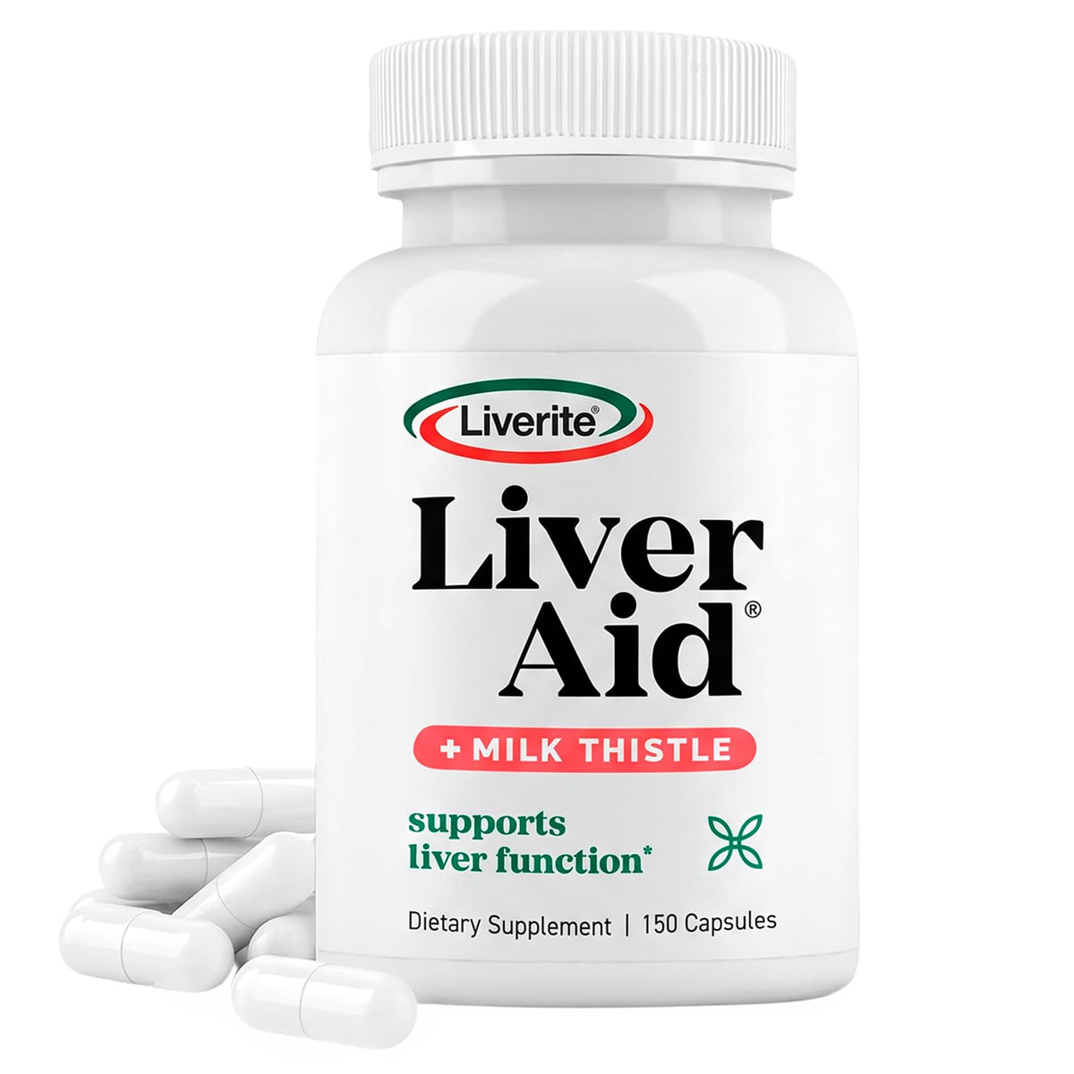 LIVERITE frasco frontal mostrando 150 cápsulas y uso diario