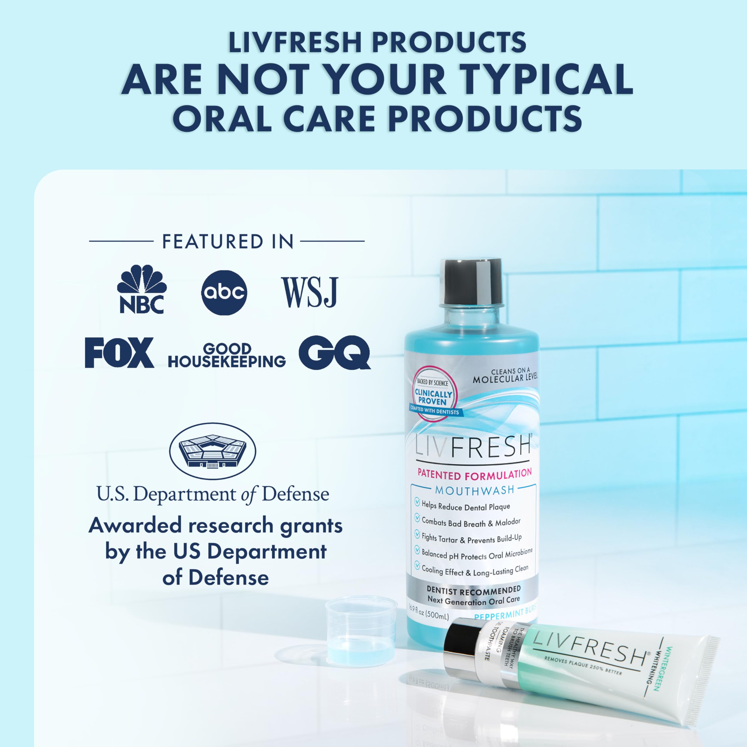 LIVFRESH botella en baño moderno, integración sencilla a la rutina diaria
