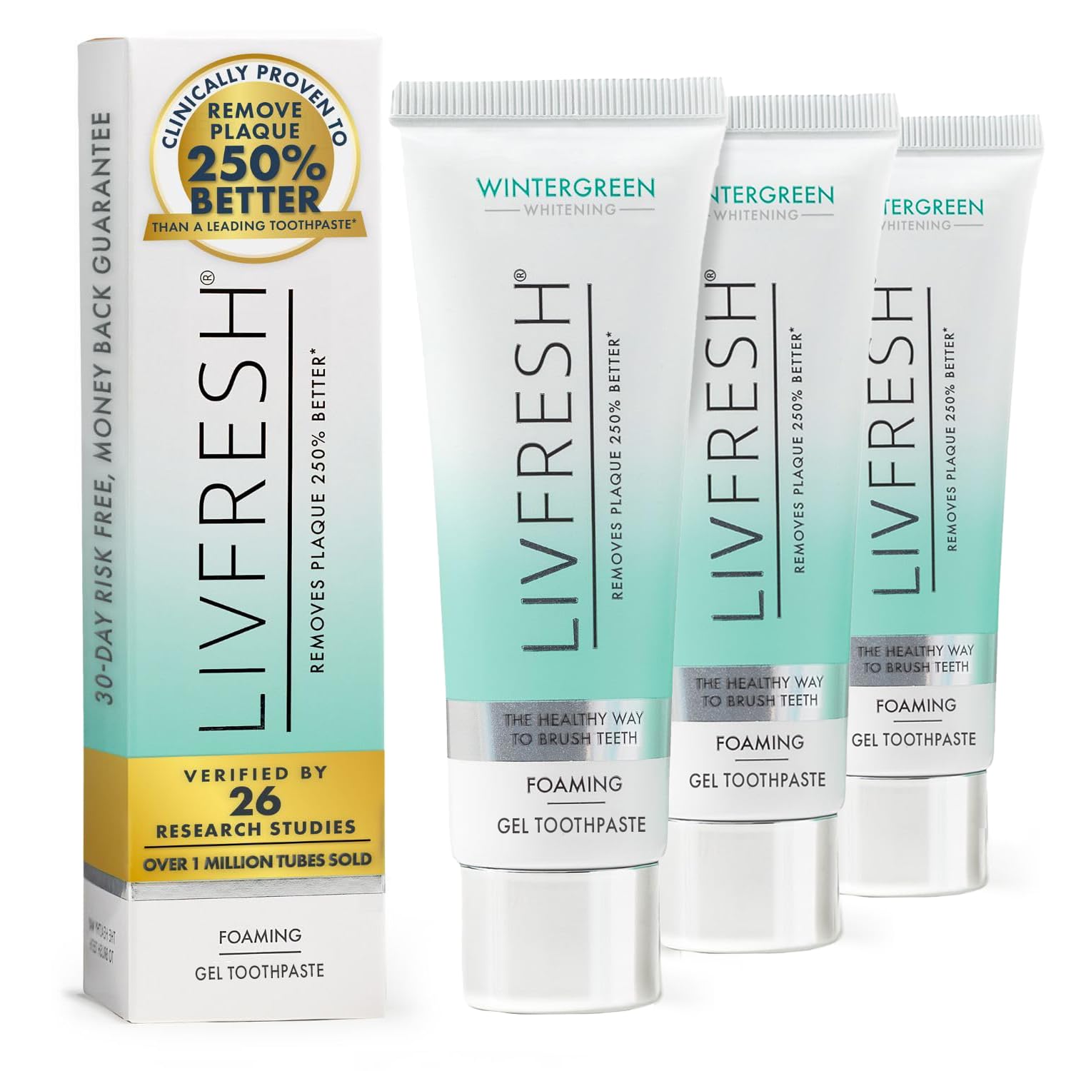 LIVFRESH frente del empaque mostrando el gel e indicando beneficios clínicos