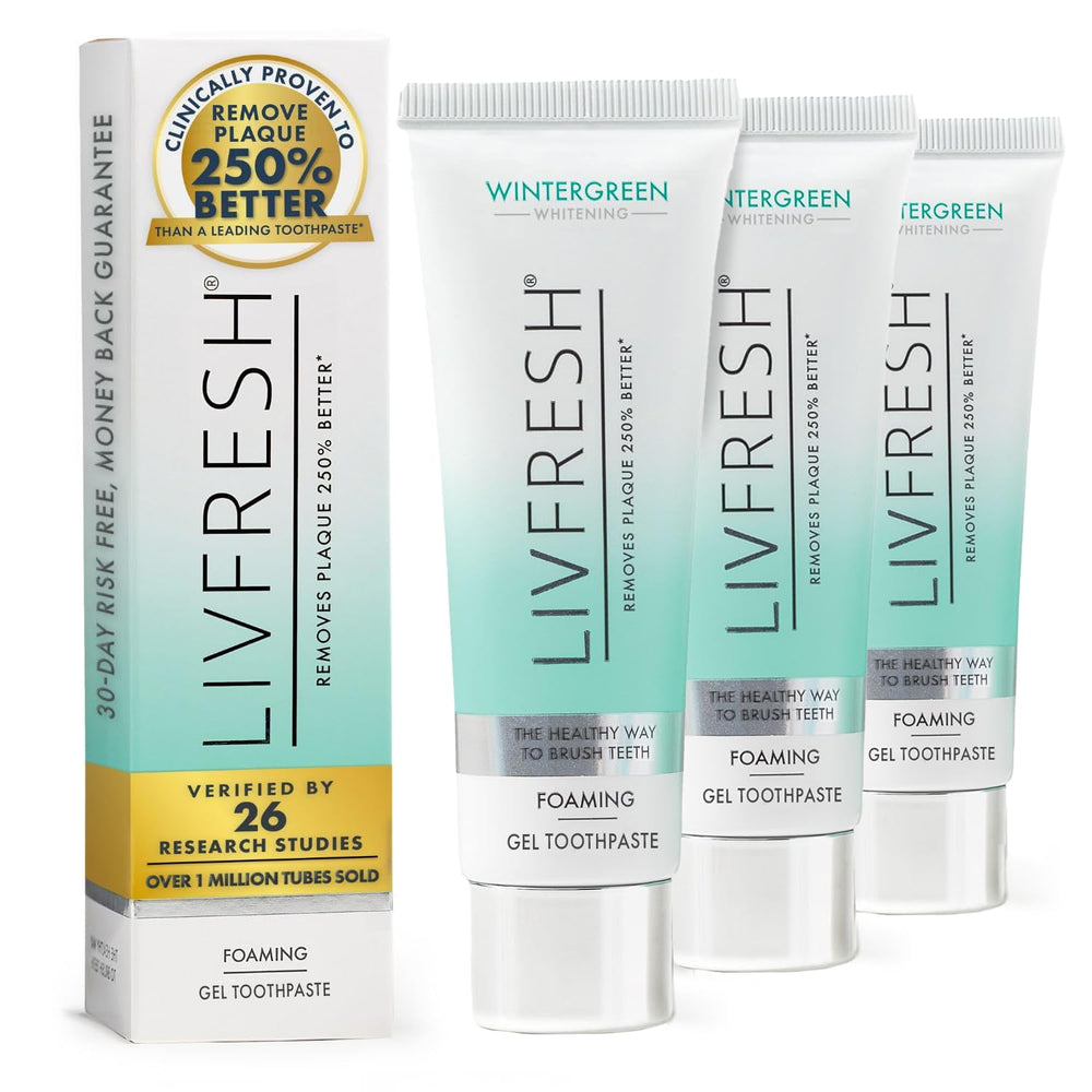 LIVFRESH frente del empaque mostrando el gel e indicando beneficios clínicos