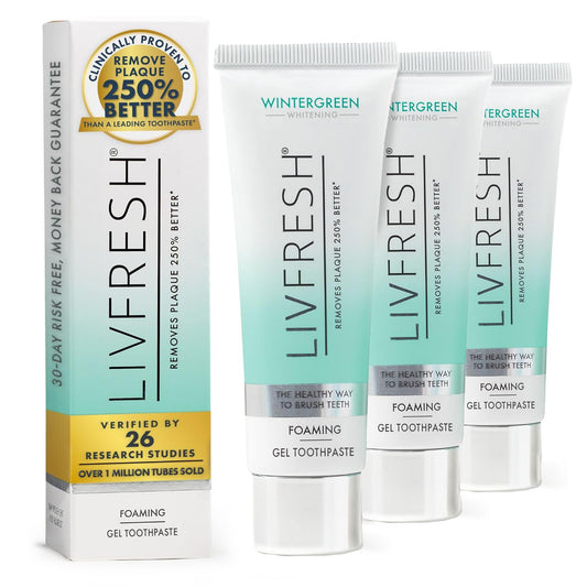 LIVFRESH frente del empaque mostrando el gel e indicando beneficios clínicos