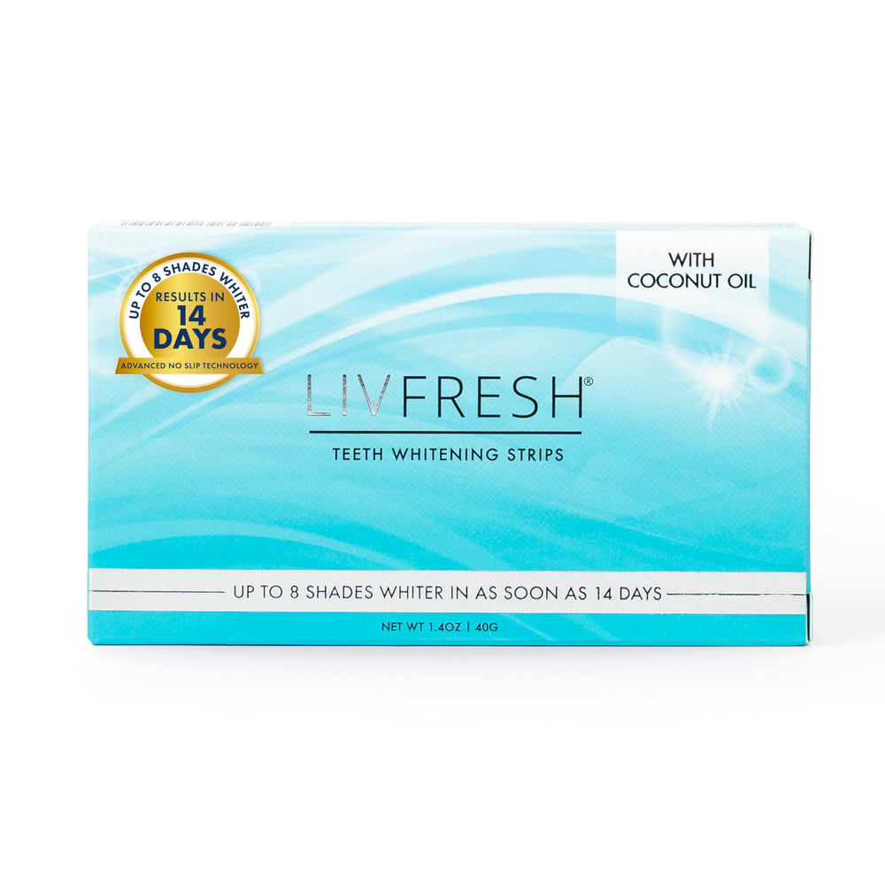 LIVFRESH empaque frontal mostrando 28 tiras y beneficios principales