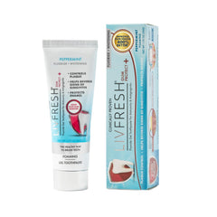 LIVFRESH envase frontal del gel dental mostrando el diseño y beneficio gingival