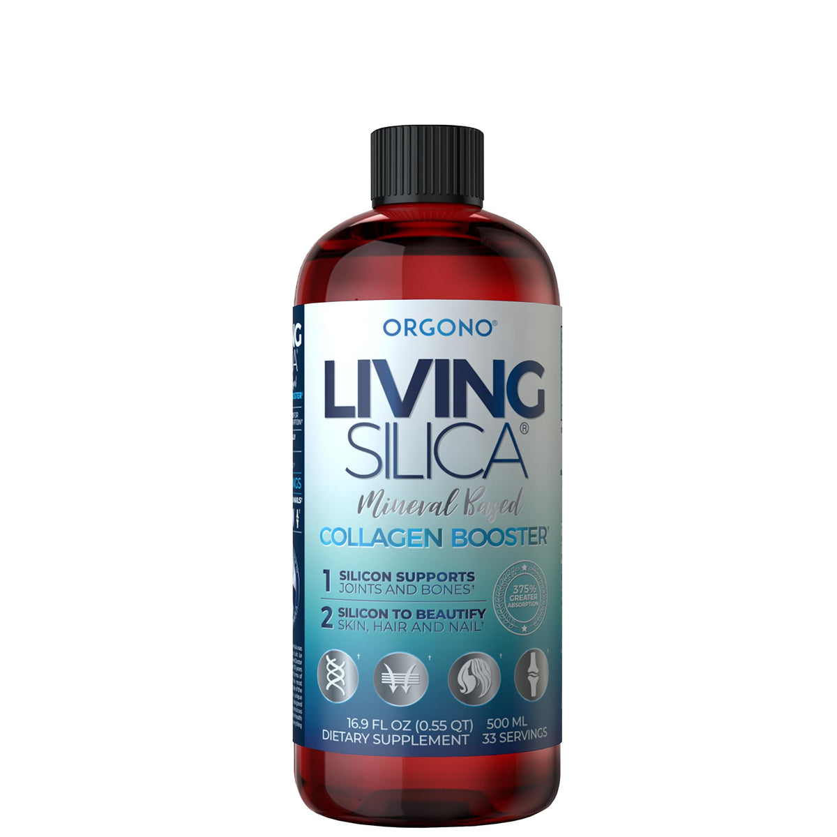 Living Silica vista frontal del envase mostrando la marca y beneficio de absorción