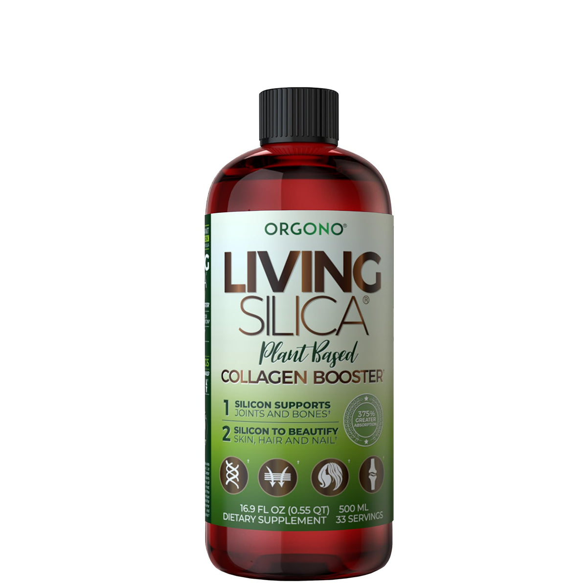 Living Silica botella frontal mostrando etiqueta y beneficio de absorción