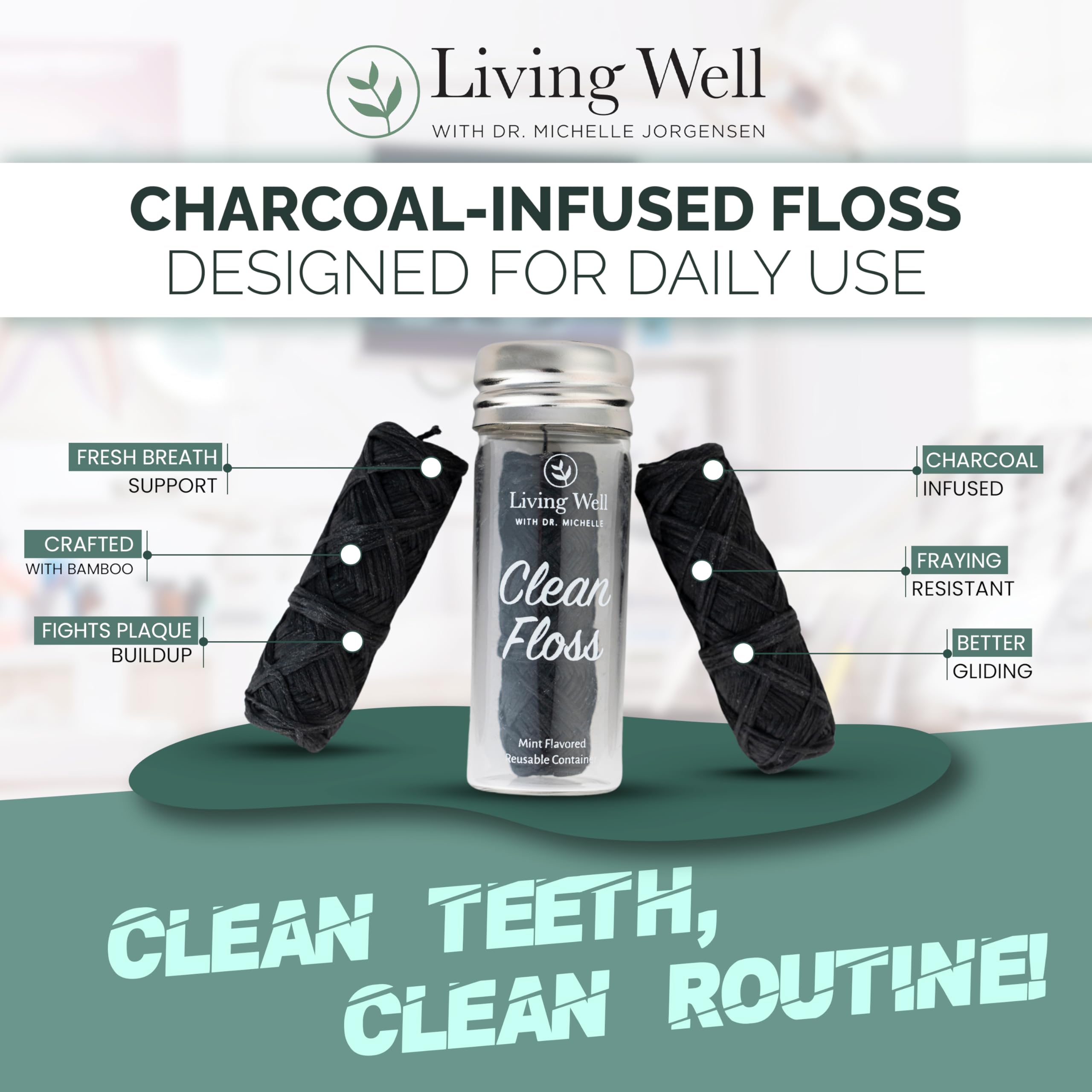 Living Well with Dr. Michelle hilo dental en uso entre dientes, demuestra limpieza eficaz y deslizamiento controlado