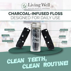 Living Well with Dr. Michelle hilo dental en uso entre dientes, demuestra limpieza eficaz y deslizamiento controlado