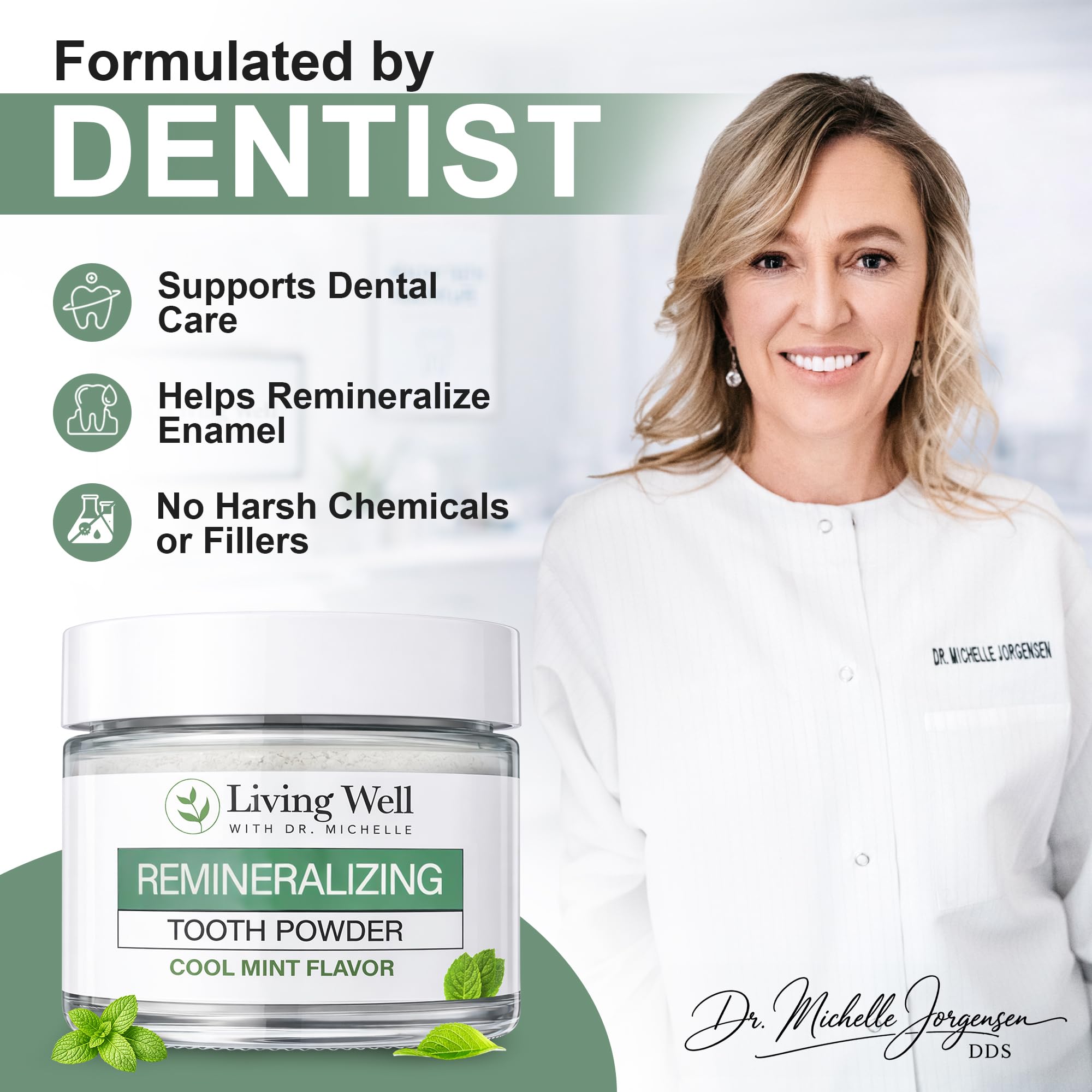 Living Well with Dr. Michelle textura del polvo remineralizante que facilita limpieza suave