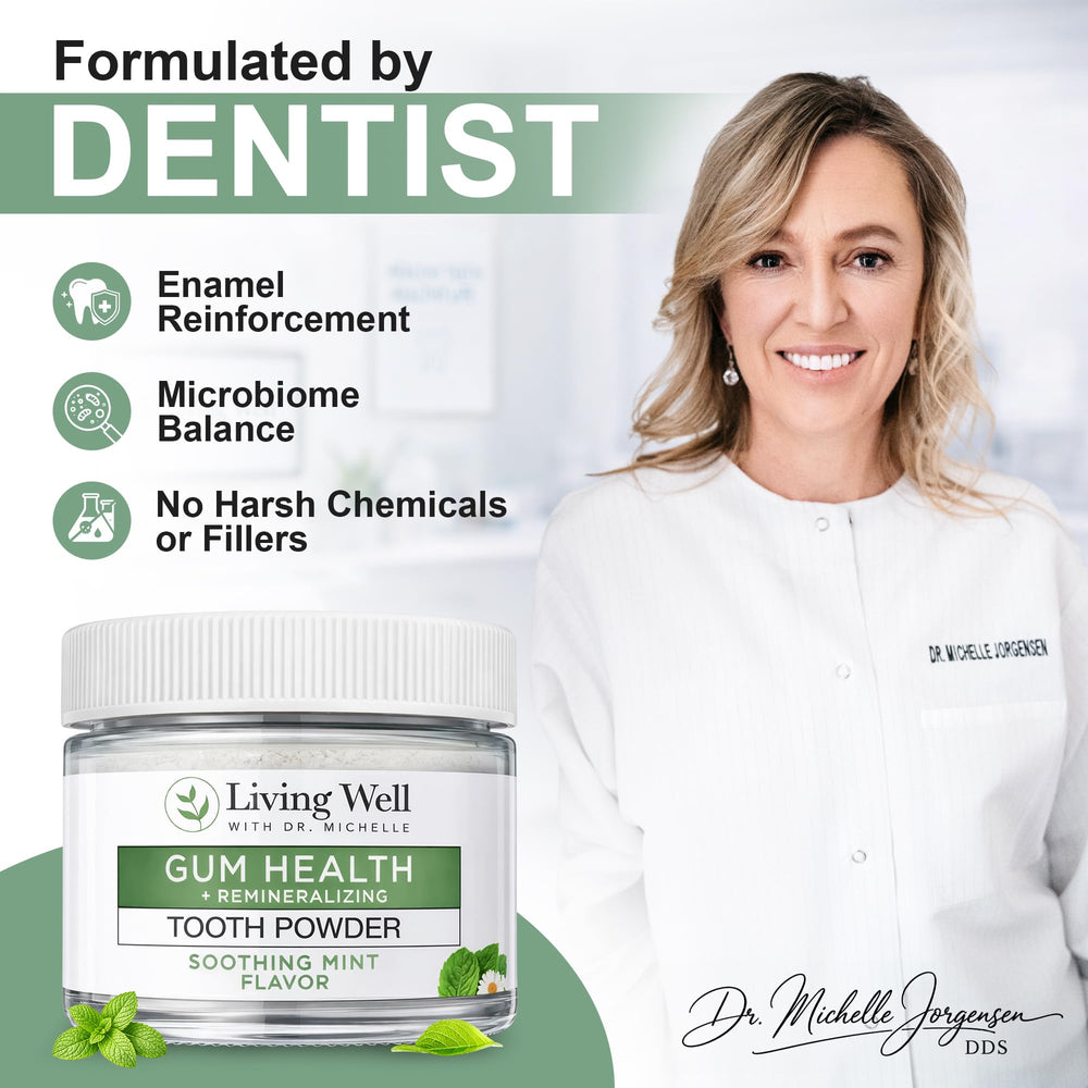 Living Well with Dr. Michelle etiqueta trasera con ingredientes y uso claro