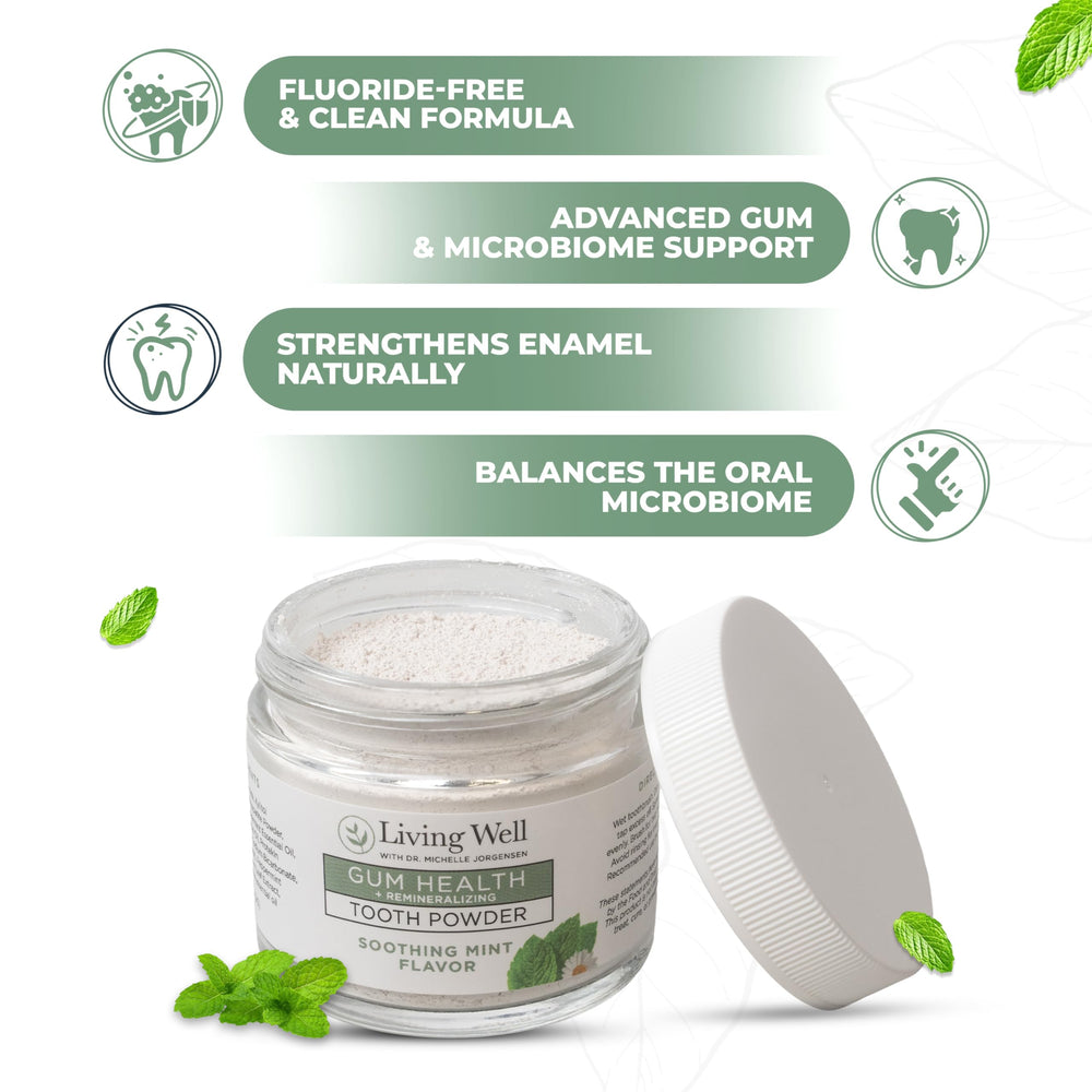 Living Well with Dr. Michelle polvo mineral textura en primer plano que sugiere pureza