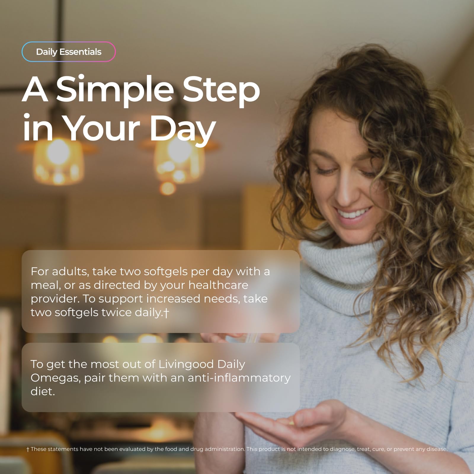Livingood Daily botella abierta con softgels mostrando cantidad y presentación