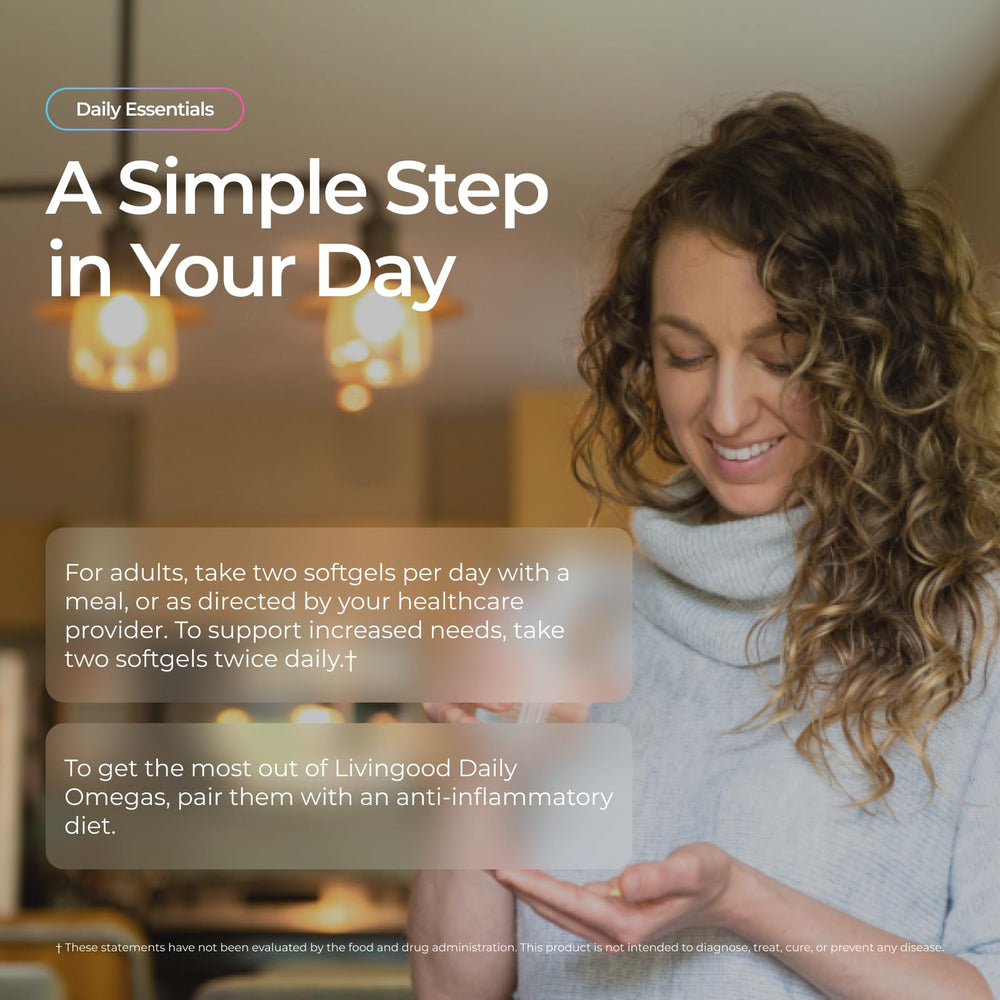 Livingood Daily botella abierta con softgels mostrando cantidad y presentación
