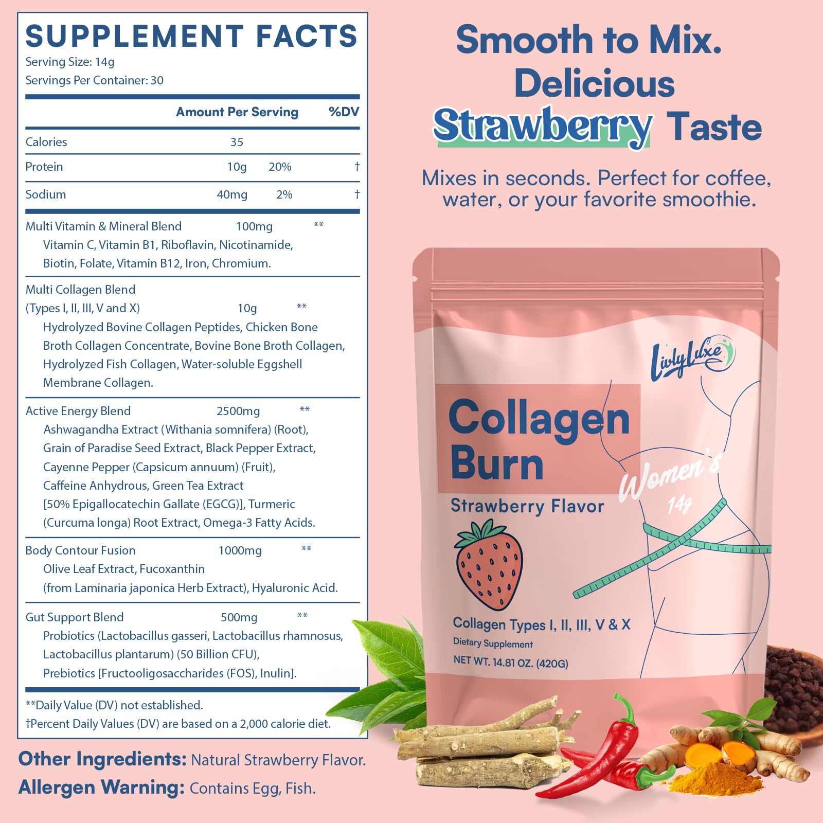 LivLyLuxe etiqueta con lista de ingredientes y beneficios para mujeres
