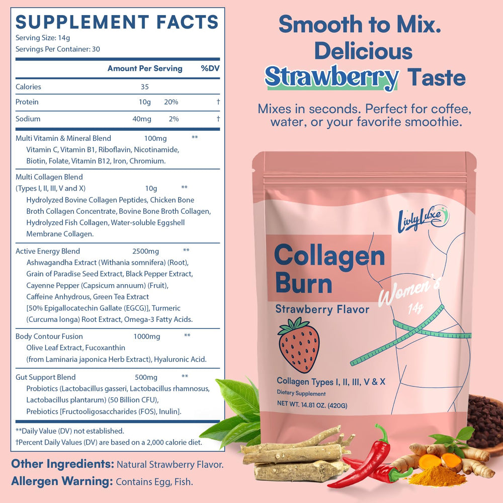 LivLyLuxe etiqueta con lista de ingredientes y beneficios para mujeres