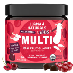 Llama Naturals frasco frontal mostrando 180 gomitas y beneficios visibles