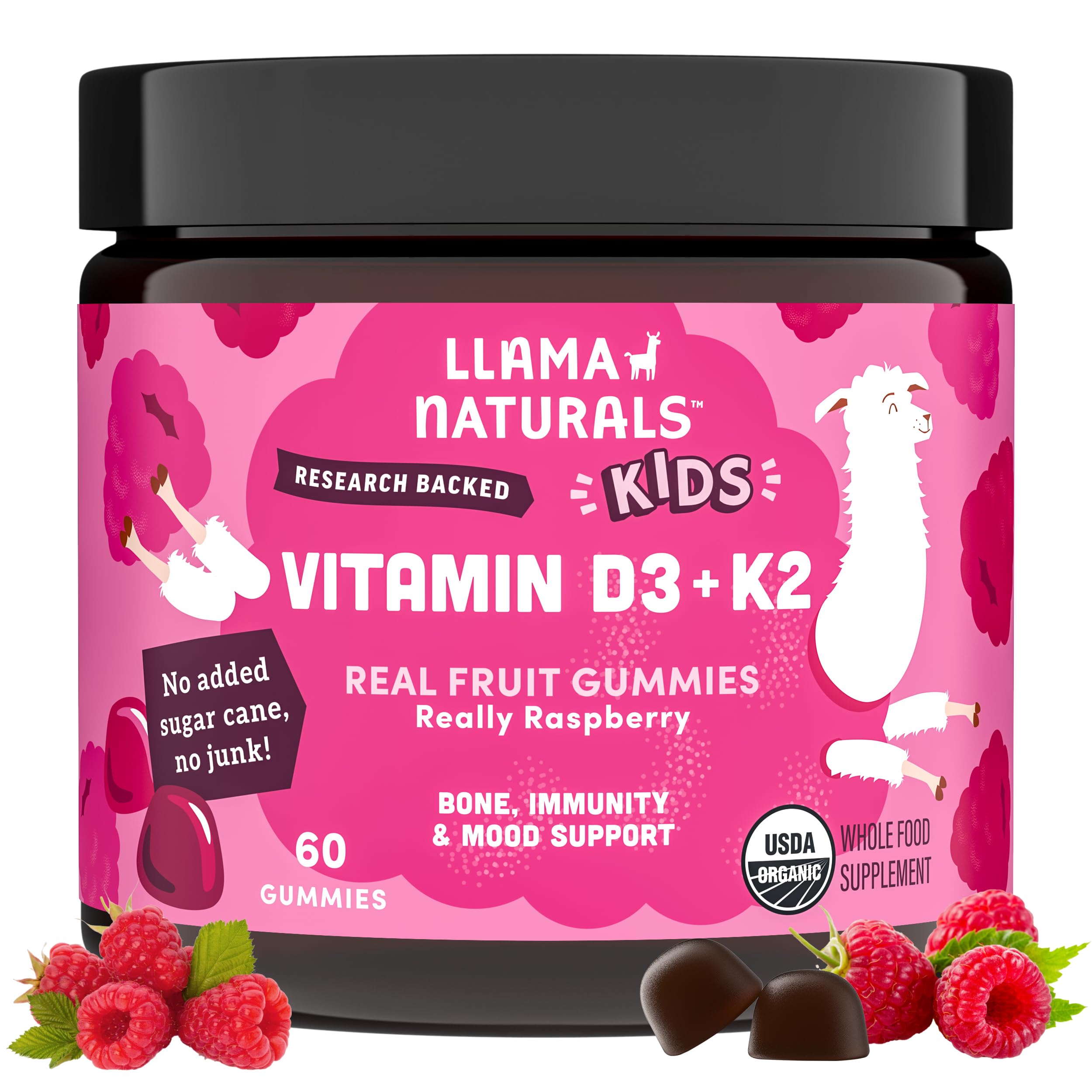 Llama Naturals frente del envase mostrando 60 gomitas, práctico para familias