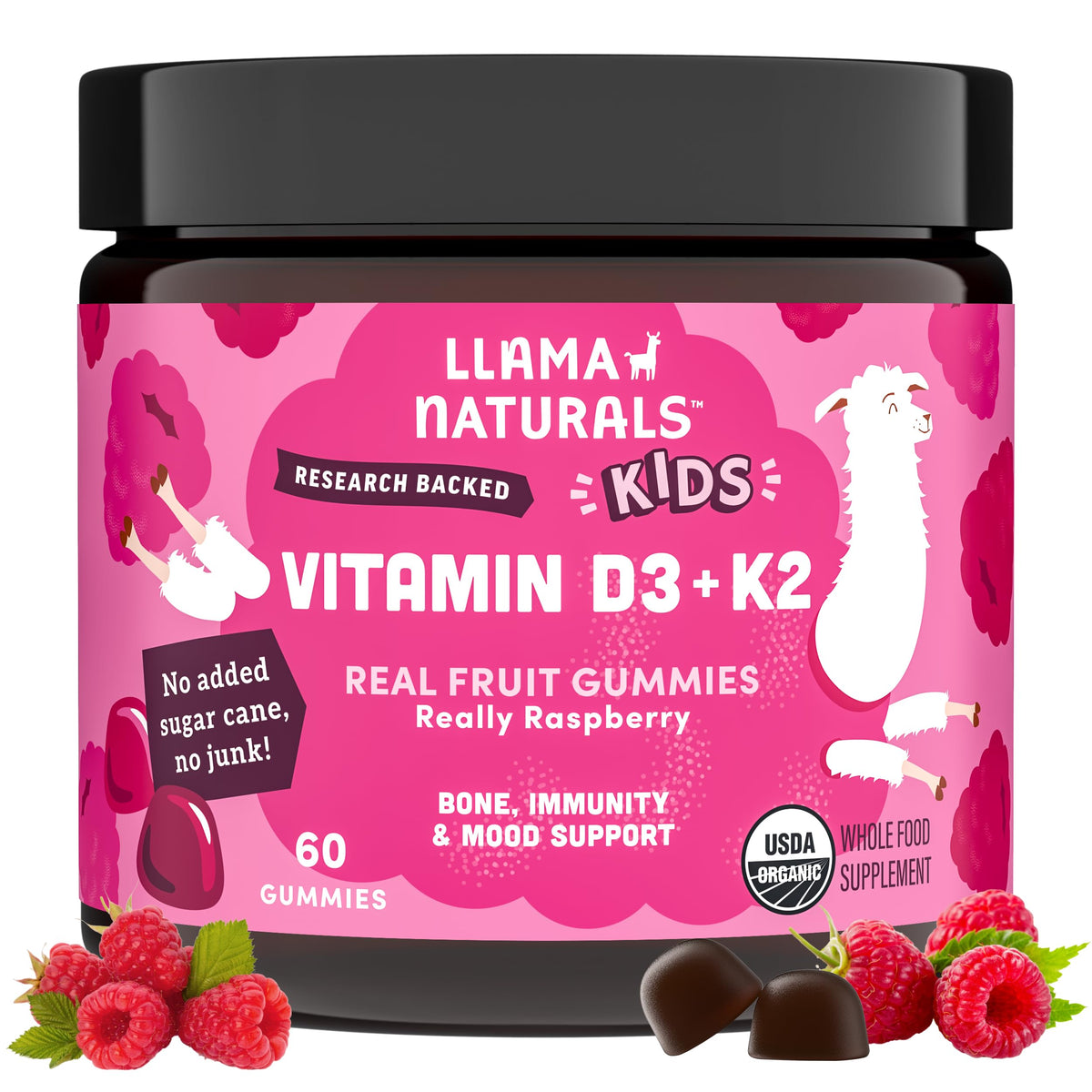 Llama Naturals frente del envase mostrando 60 gomitas, práctico para familias
