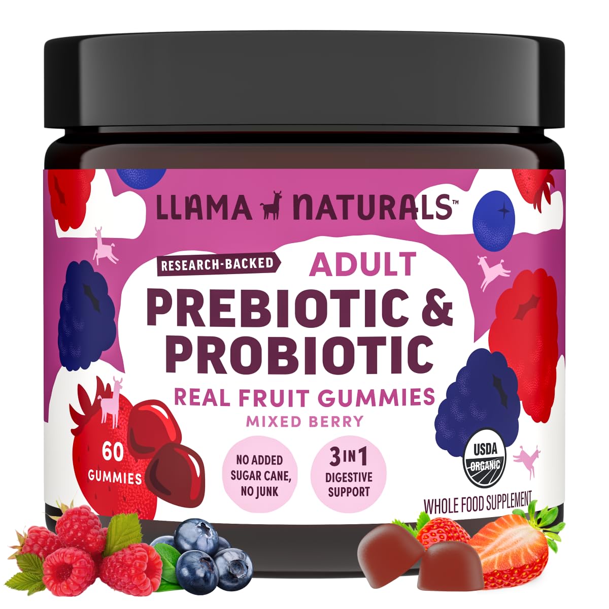 Llama Naturals frente del envase mostrando 60 gomitas y beneficios