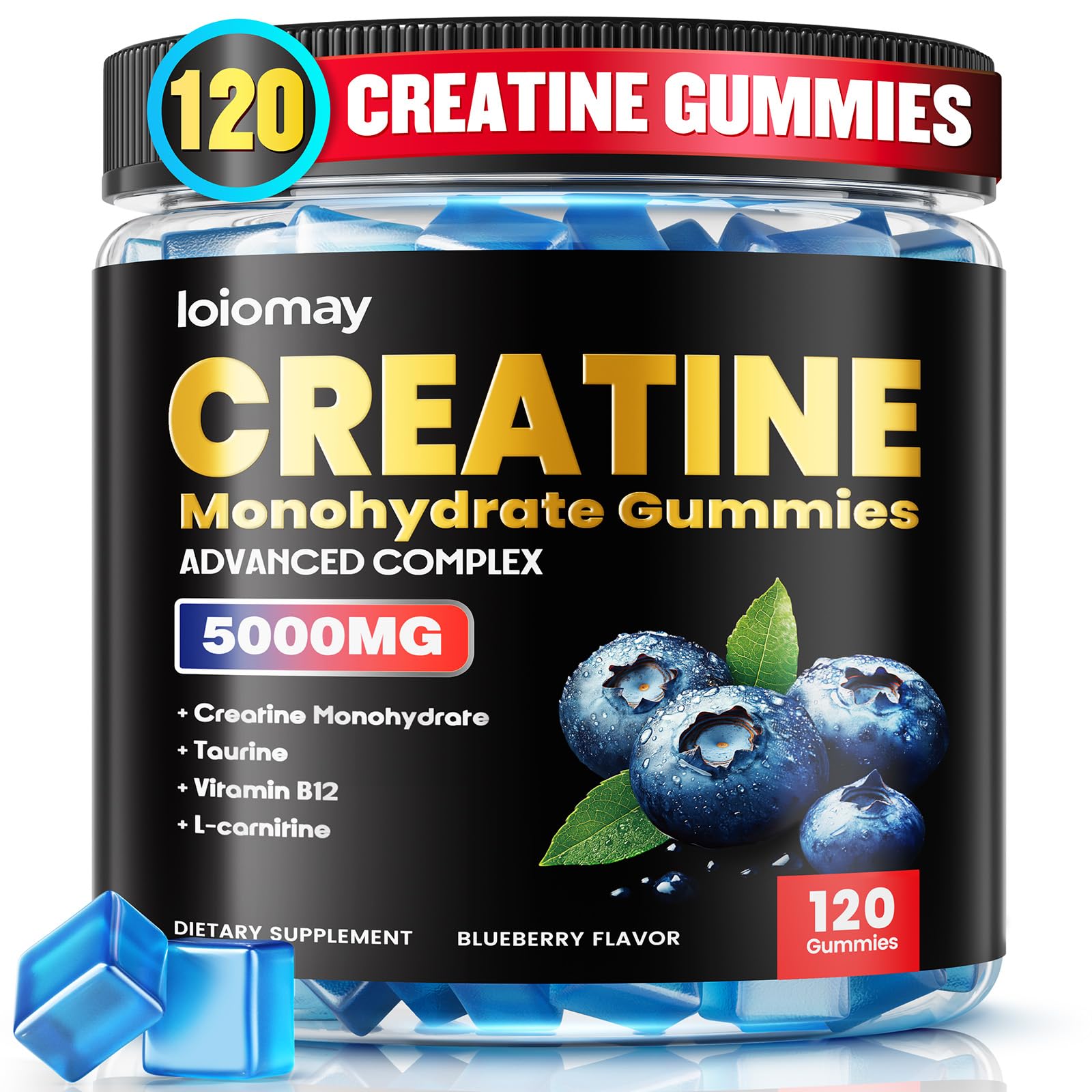 loiomay frasco frontal mostrando 120 gomitas y dosificación clara