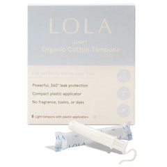 LOLA paquete frontal mostrando 8 tampones y aplicador, confianza y transparencia