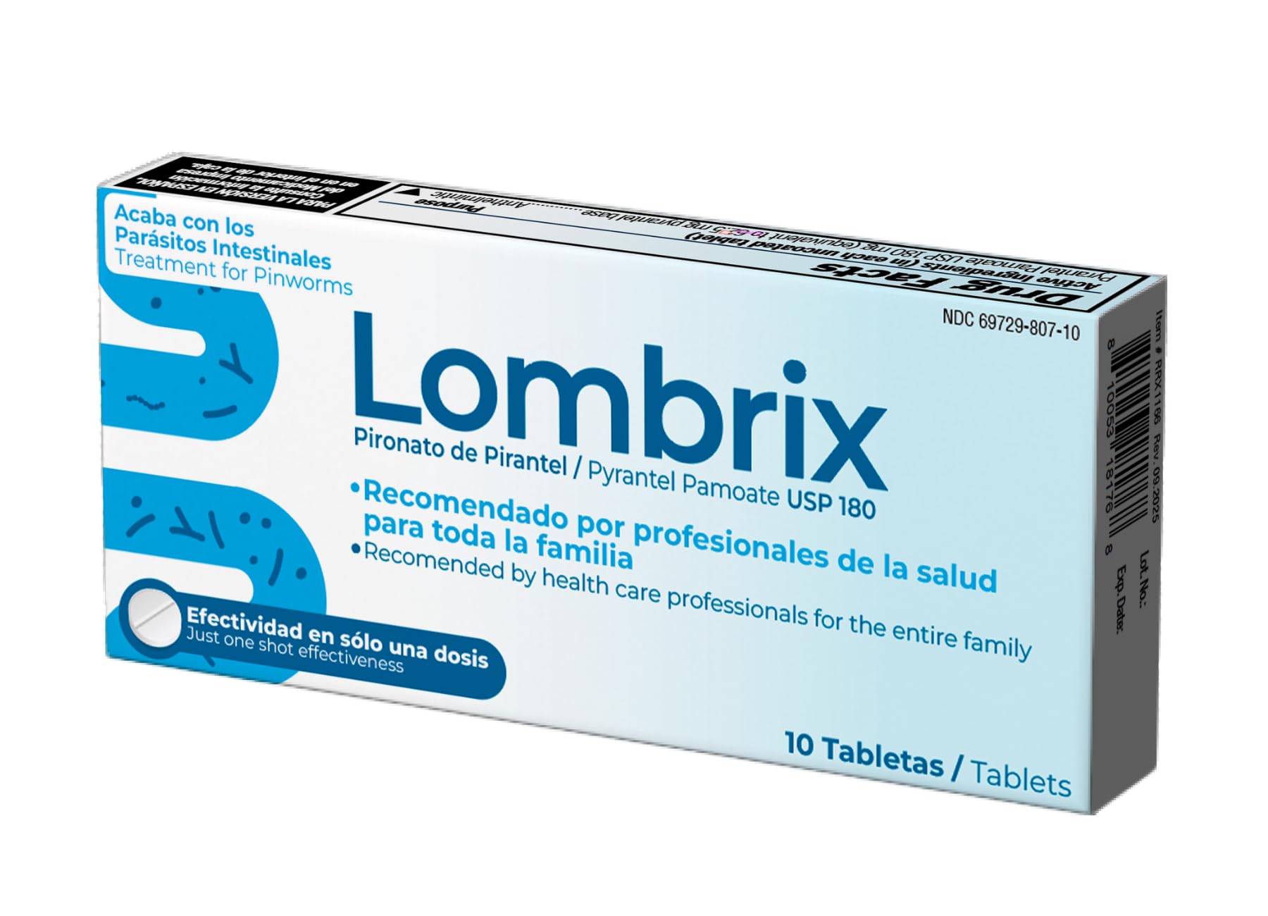 Lombrix vista frontal de la caja mostrando 10 tabletas y etiqueta clara, conveniencia.