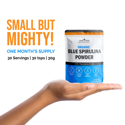 Polvo de spirulina azul Lone Star Botanicals textura fina, fácil mezcla