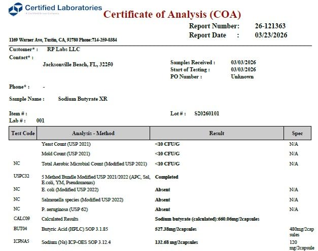 LongJuvity Labs etiqueta con información y sellos de pruebas de laboratorio