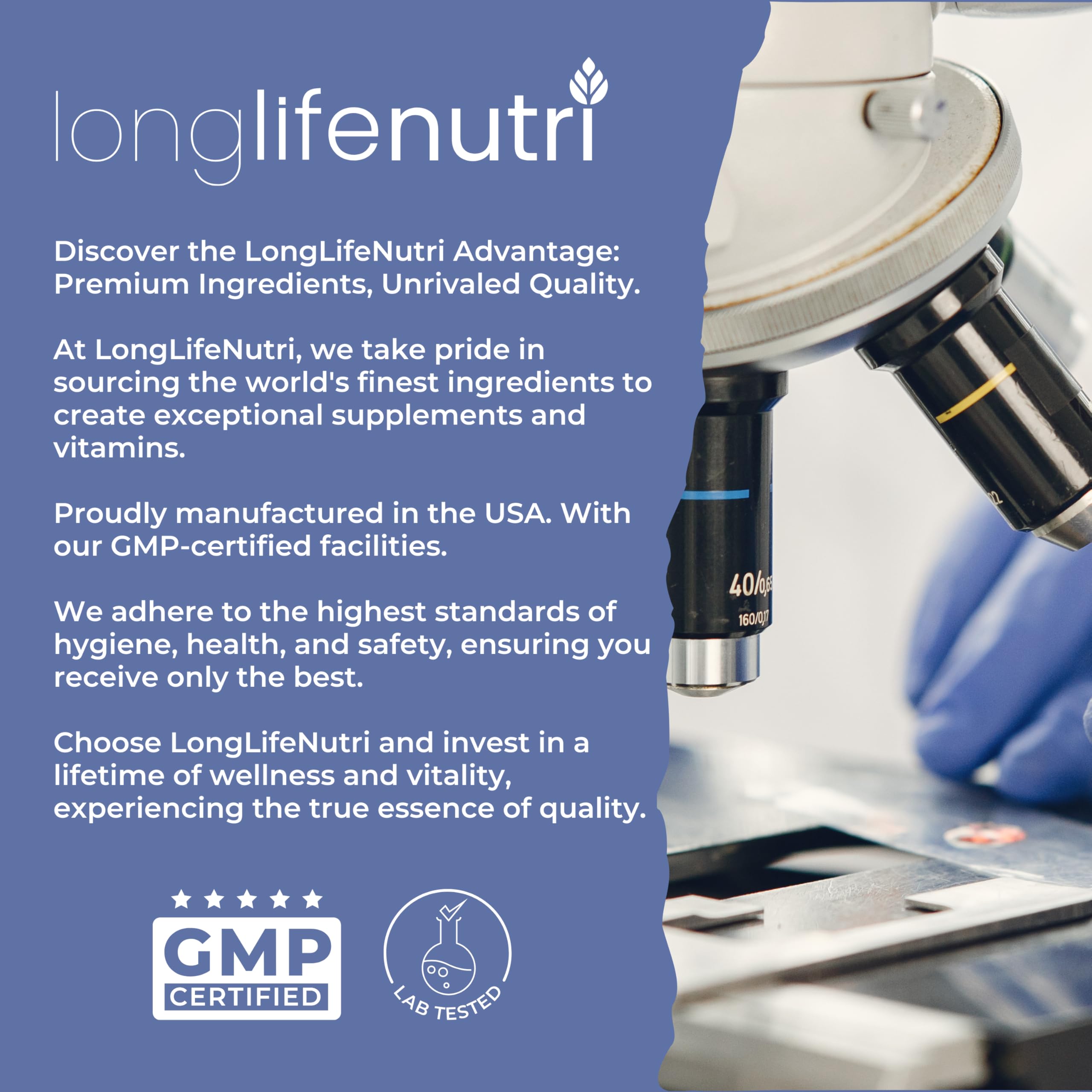 LongLifeNutri sello made in usa en el envase transmitiendo origen y control