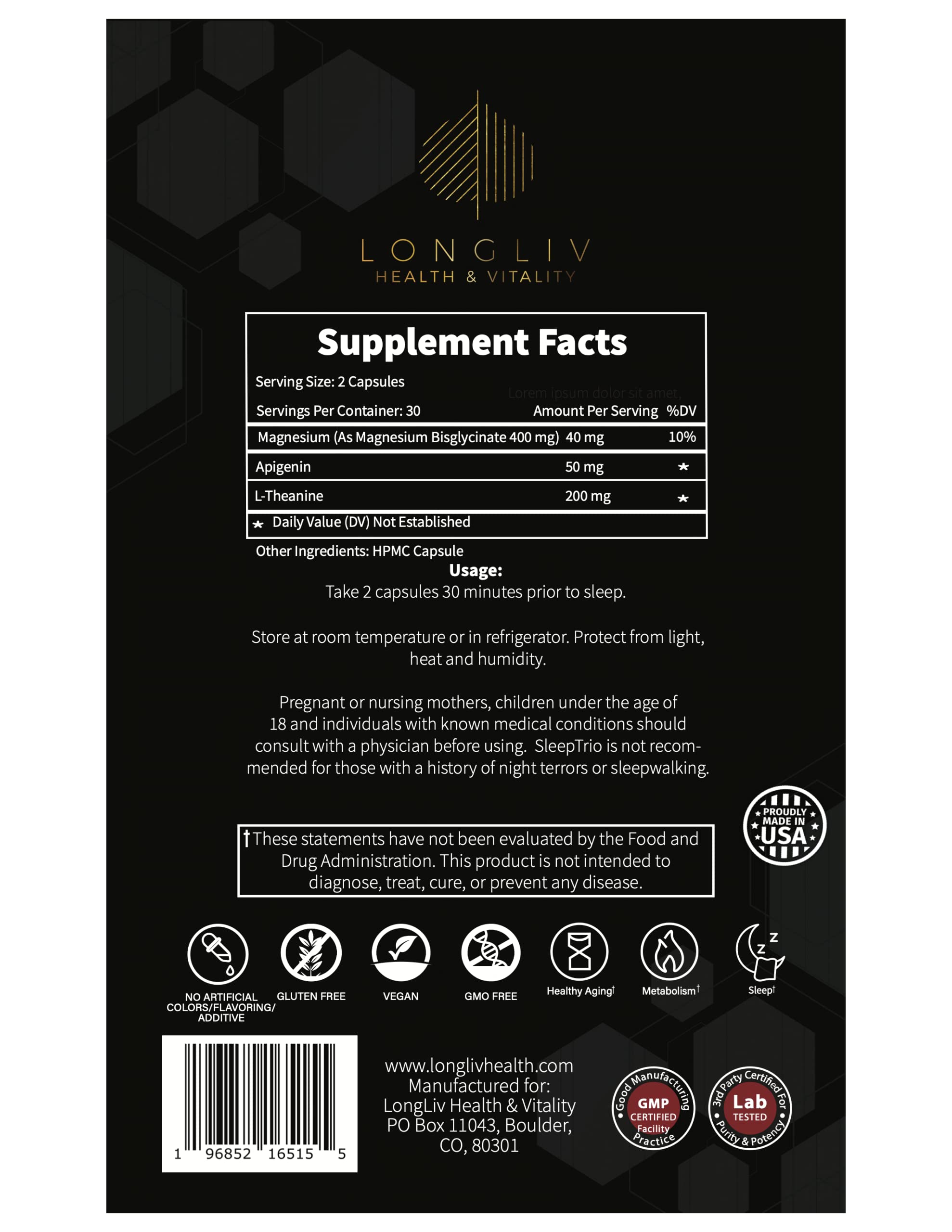 LongLiv Health and Vitality certificados y sello cGMP que indican control de calidad