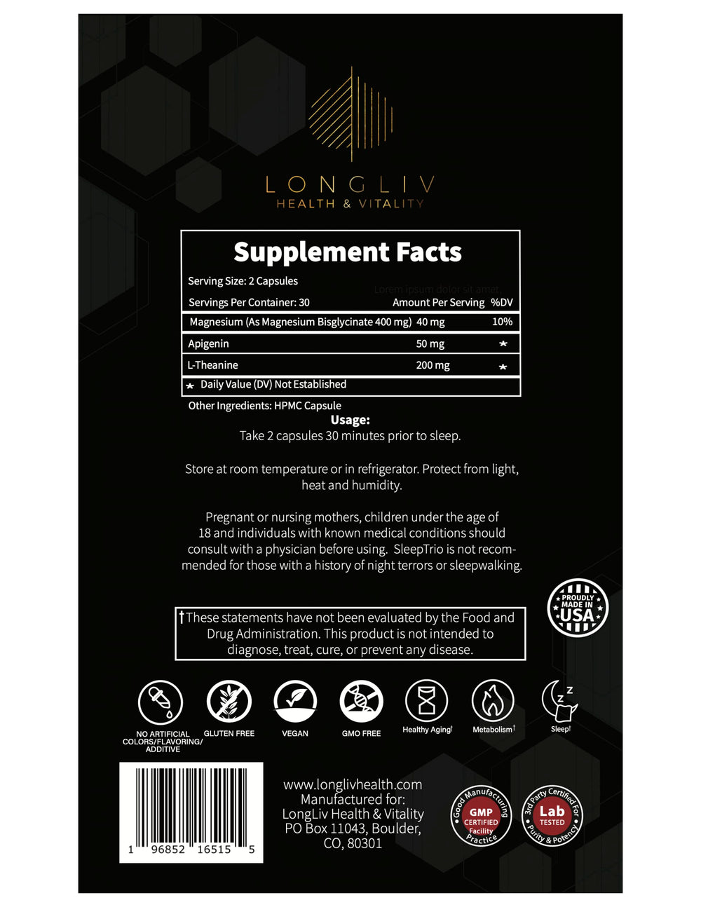 LongLiv Health and Vitality certificados y sello cGMP que indican control de calidad